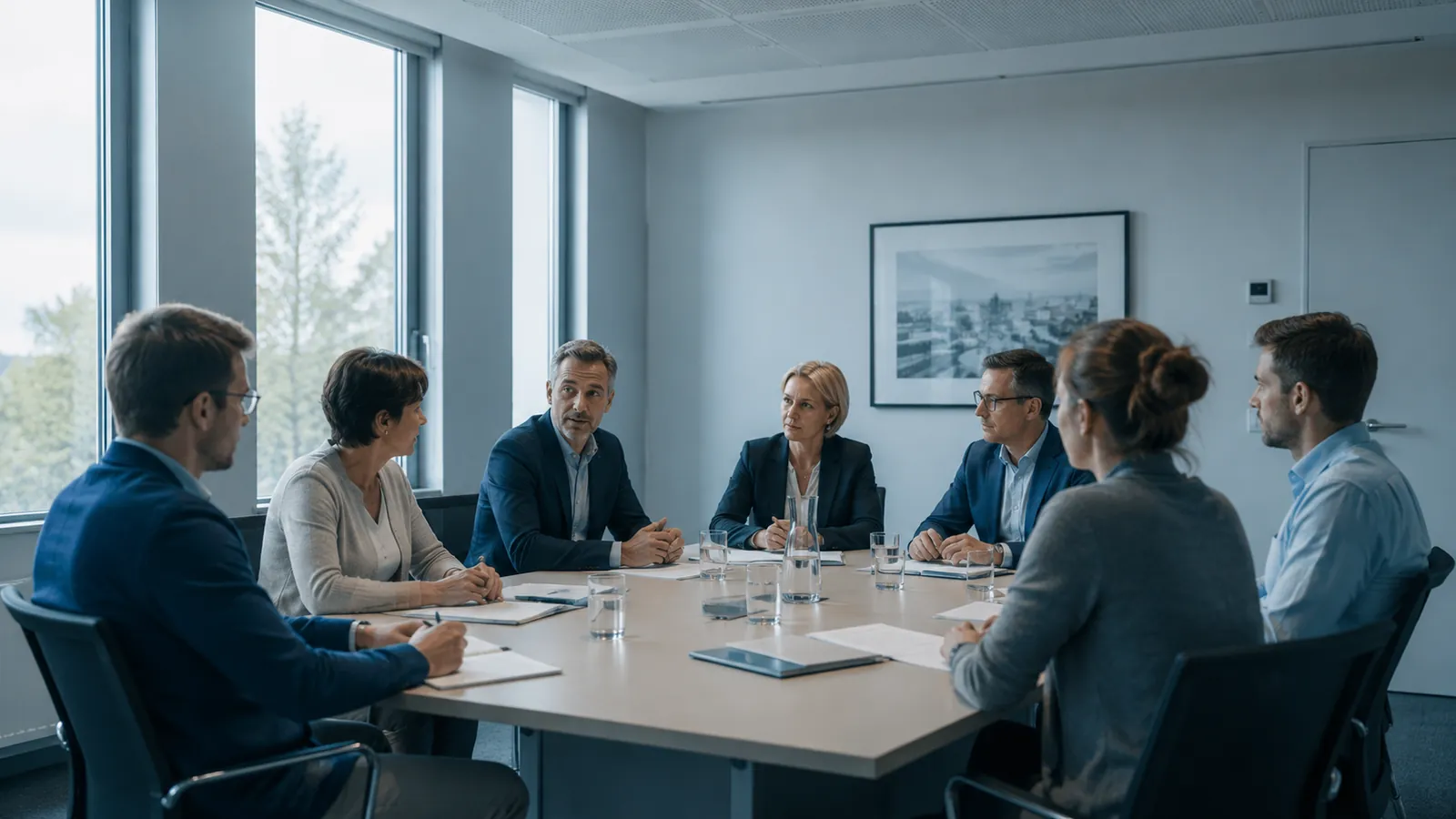 Verwaltungsrunde im Besprechungsraum: Team bespricht Karten und Zahlen am großen Bildschirm