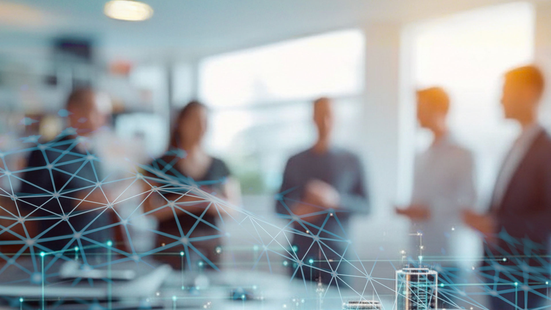 Ausschnitt einer Visualisierung einer fiktiven Büro-Szene mit virtuellem Stadtmodell im Vordergrund