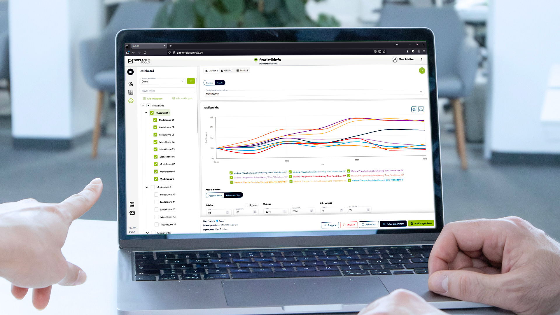 Screenshot des Tools StatistikInfo der zeigt wie kleinräumige Entwicklungen vergleichen werden.
